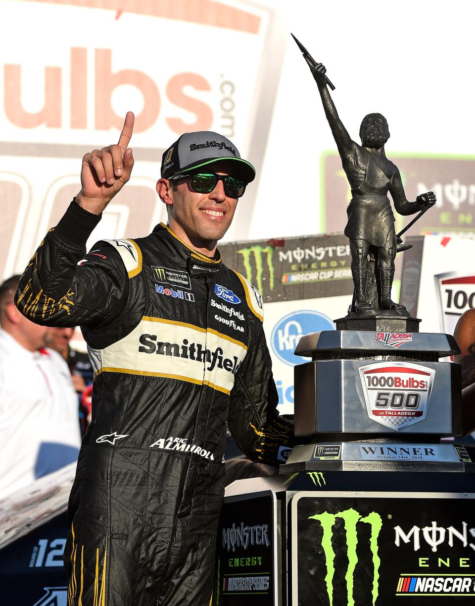 Aric Almirola celebrates at Talladega Superspeedway in 2018.