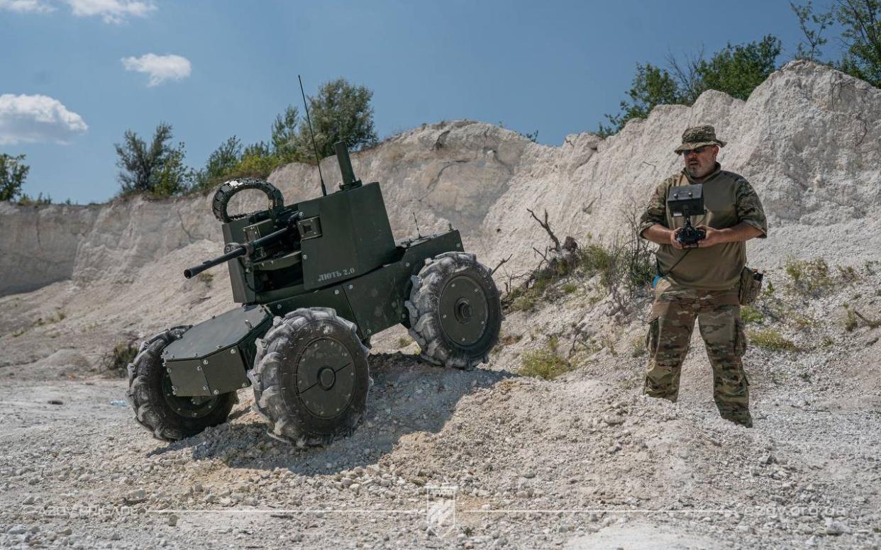 A Lyut 2.0 ground drone combat platform in service with Ukraine's 12th Azov Brigade