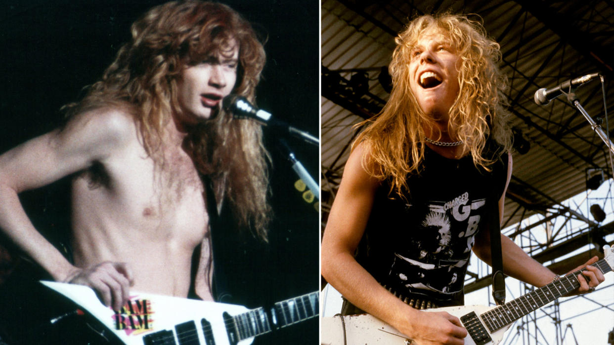  Dave Mustaine (left) and James Hetfield onstage in the early ’80s. 