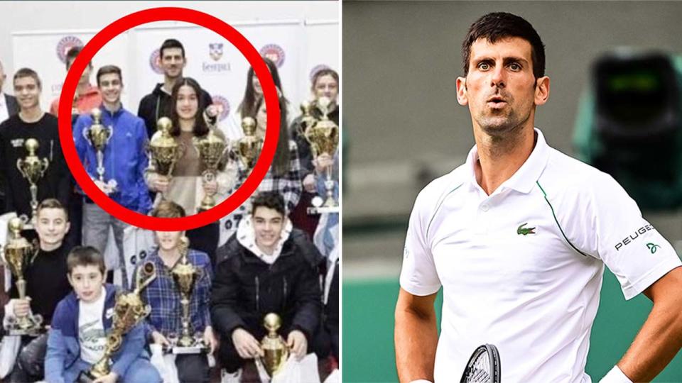 Novak Djokovic (pictured right) disappointed during Wimbledon and (pictured left) posing for a photo with children.