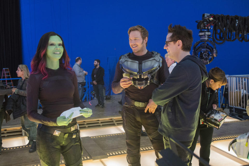 Zoe Saldana, Chris Pratt and James Gunn on the set of <i>Guardians of the Galaxy Vol. 2</i>. (Disney)