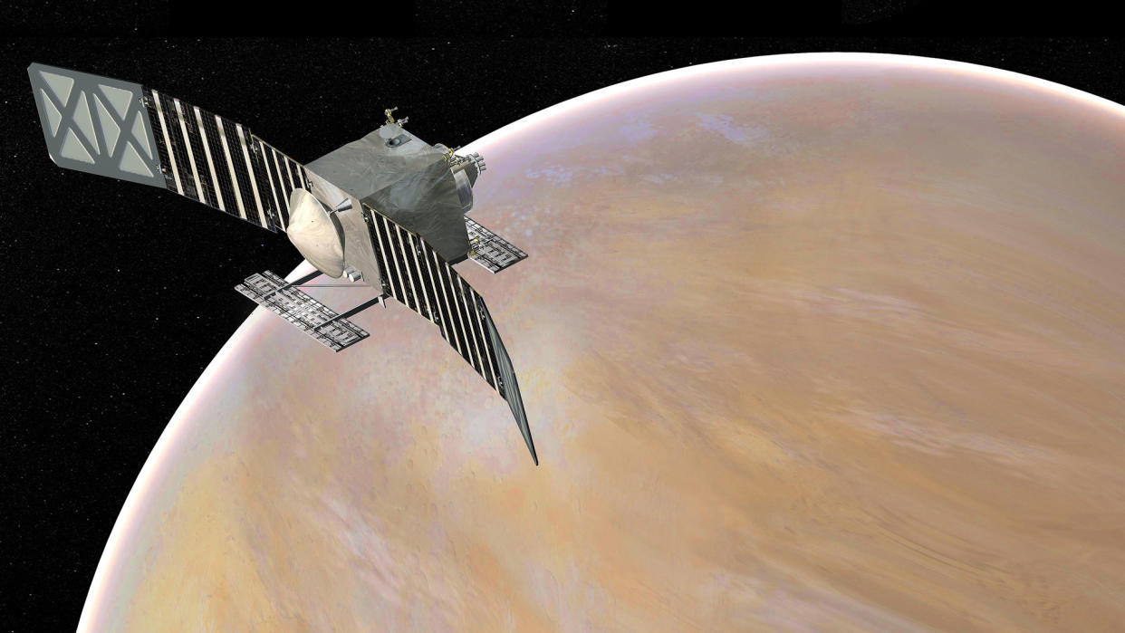  Artist's concept of NASA's proposed  Venus Emissivity, Radio Science, InSAR, Topography, and Spectroscopy (Veritas) spacecraft. 