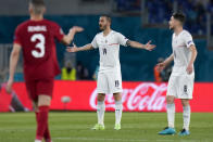 Italy's Leonardo Bonucci opens his arms during the Euro 2020, soccer championship group A match between Italy and Turkey, at the Rome Olympic stadium, Friday, June 11, 2021. (AP Photo/Alessandra Tarantino, Pool)