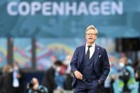 Finland's manager Markku Kanerva stands by the touchline during the Euro 2020 soccer championship group B match between Denmark and Finland at Parken Stadium in Copenhagen, Saturday, June 12, 2021. (Stuart Franklin/Pool via AP)