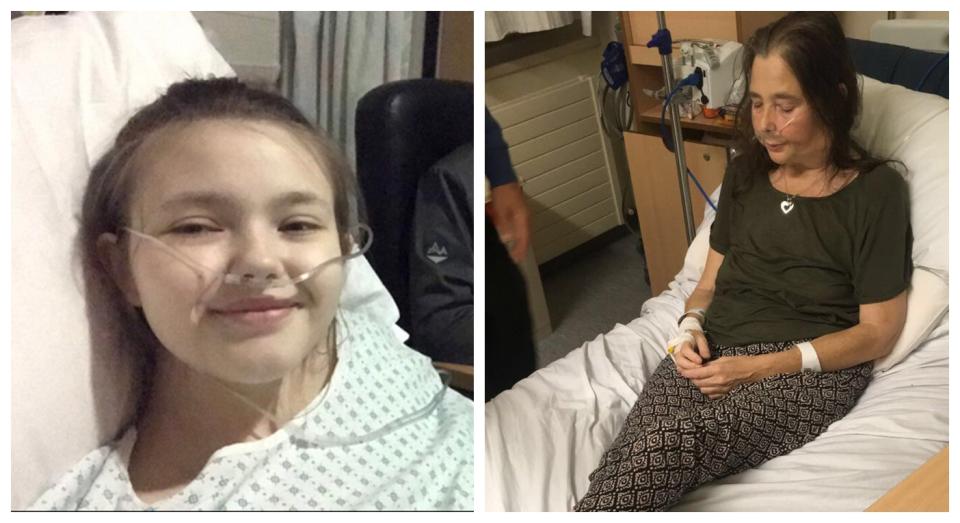 Erin at her biopsy in 2020 (left) and Nicky in hospital in September 2019 shortly before her diagnosis (right) (PA)