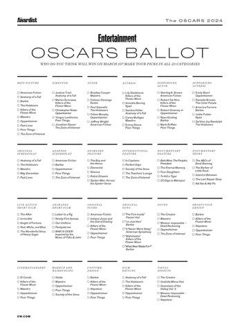 <p>Entertainment Weekly</p> EW's 2024 Oscars ballot