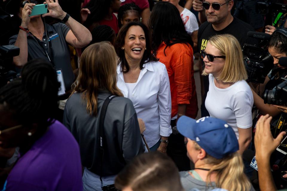 U.S. Sen. Kamala Harris, D-Calif., makes her way up to the Des Moines Register Political Soapbox at the Iowa State Fair on Saturday, Aug. 10, 2019, in Des Moines. 