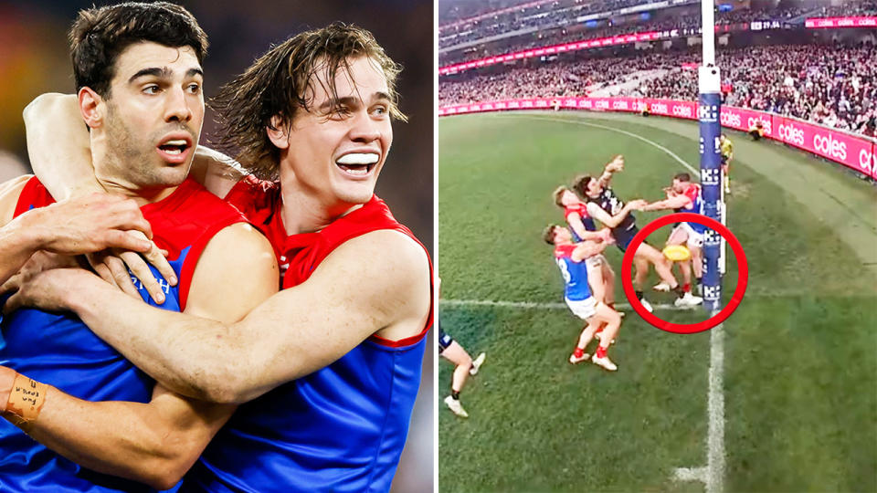 Christian Petracca's late shot at goal, pictured here being touched on the line in the AFL.