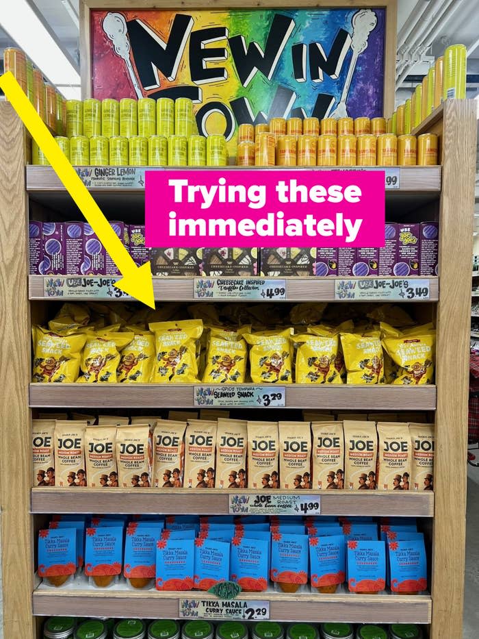 New Trader Joe's products on a shelf.