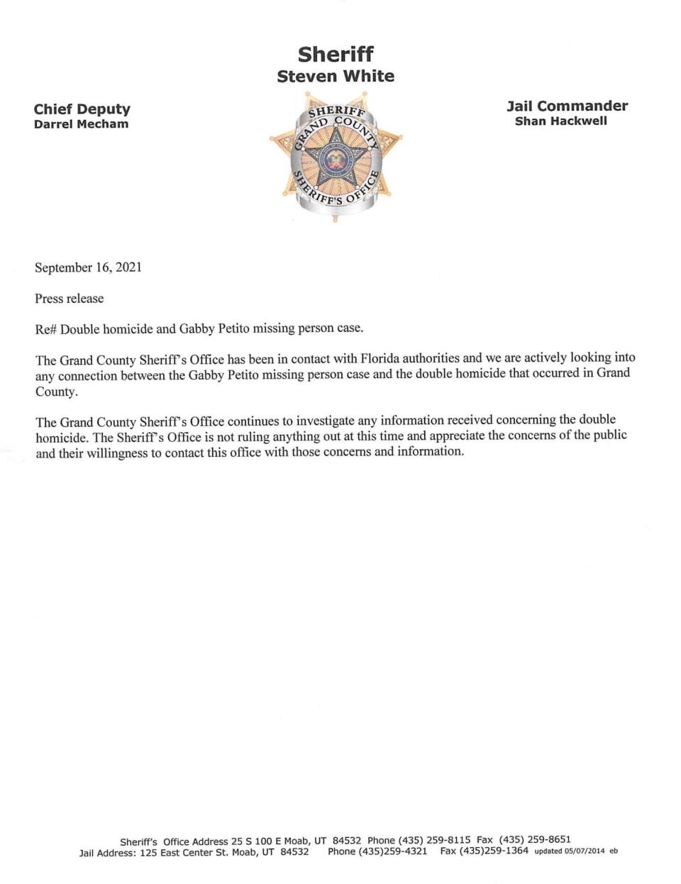 Police in Grand County, Utah have said in a statement that they’re looking for “any connection” between the disappearance of Gabby Petito and the fatal shooting of Kylen Schulte and Crystal Turner (Grand County Sheriff’s Office)