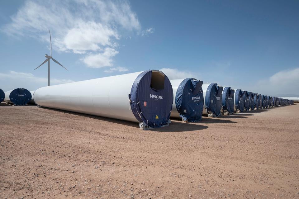 Segments of wind turbines wait to be transported from the CS Wind factory in Pueblo on Tuesday, April 4, 2023.
