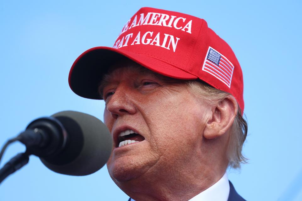 Republican presidential candidate former President Donald Trump speaks during a rally at Festival Park on Tuesday in Racine, Wisconsin (Getty Images)