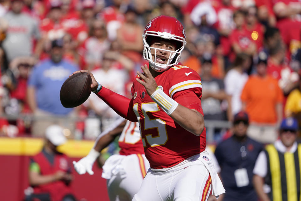 Kansas City Chiefs quarterback Patrick Mahomes throws during the first half of an NFL football game against the Chicago Bears Sunday, Sept. 24, 2023, in Kansas City, Mo. (AP Photo/Ed Zurga)