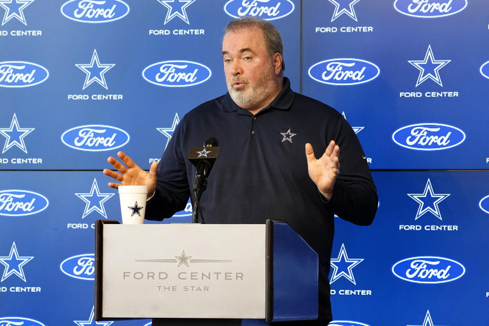 Dallas Cowboys head coach Mike McCarthy, responds to questions during a news conference at the team's NFL football headquarters in Frisco, Texas, Thursday, Jan. 18, 2024. (AP Photo/Tony Gutierrez)