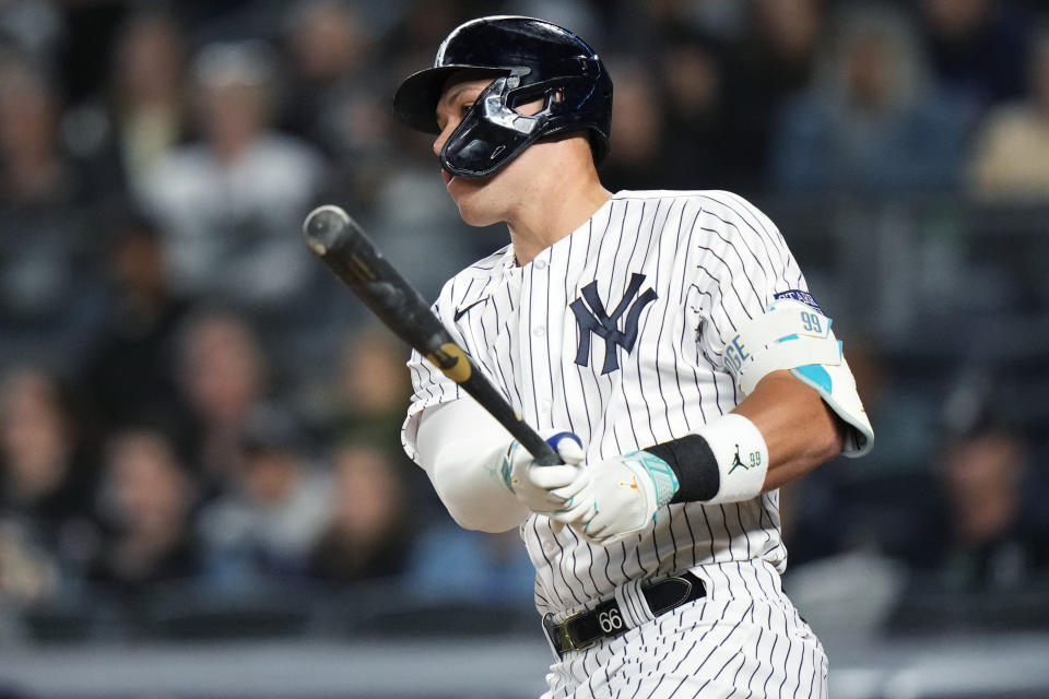 New York Yankees' Aaron Judge follows watches his double against the Arizona Diamondbacks during the first inning of a baseball game Friday, Sept. 22, 2023, in New York. (AP Photo/Frank Franklin II)