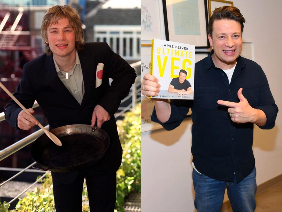 On the left, Jamie Oliver in a suit and holding a pan. On the right, him holding a cookbook.