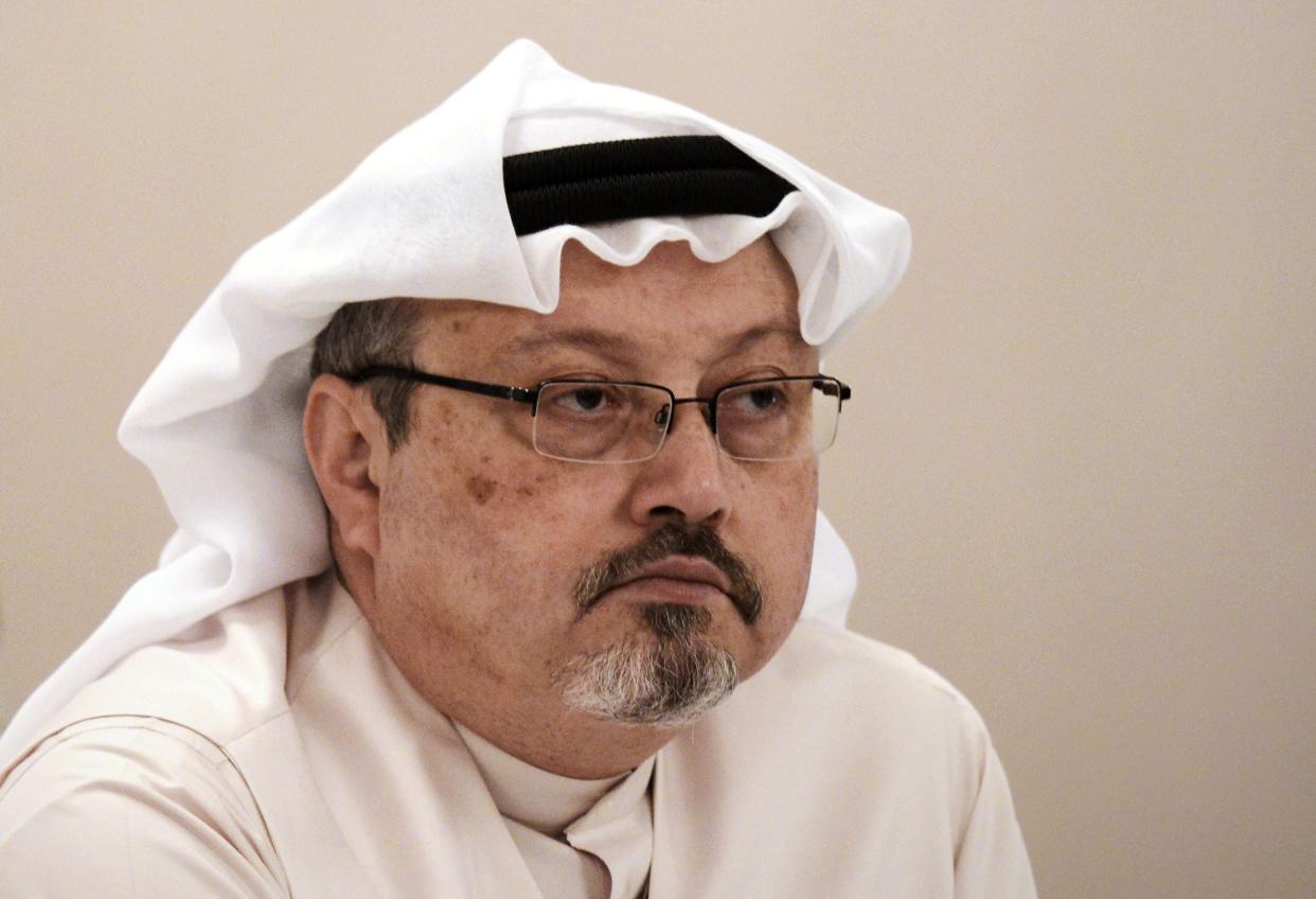 (FILES) In this file photo taken on December 15, 2014 (FILES) In this file photo taken on December 15, 2014 Saudi journalist Jamal Khashoggi attends a press conference in the Bahraini capital Manama. - The US director of national intelligence is expected to release a damning report today on February 26, 2021 that fingers Saudi Crown Prince Mohammed bin Salman for the brutal murder and dismemberment of dissident journalist Jamal Khashoggi in October 2018. (Photo by MOHAMMED AL-SHAIKH / AFP) (Photo by MOHAMMED AL-SHAIKH/AFP via Getty Images) (AFP via Getty Images)