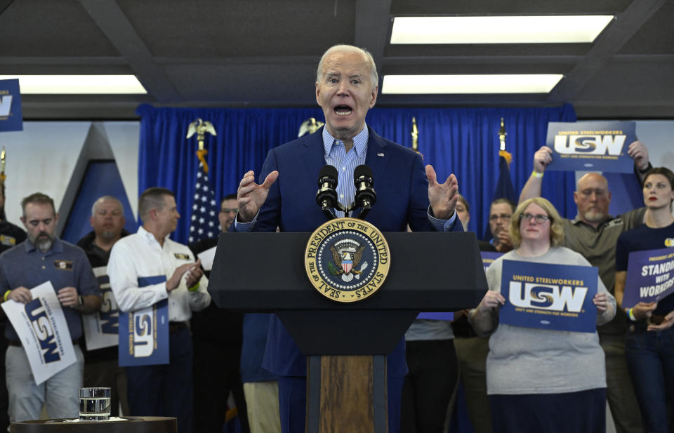 TOPSHOT - US President Joe Biden speaks during an event at the United Steelworkers Headquarters in Pittsburgh, Pennsylvania, on April 17, 2024. Biden is urging a tripling of tariffs on Chinese steel and aluminum, citing 