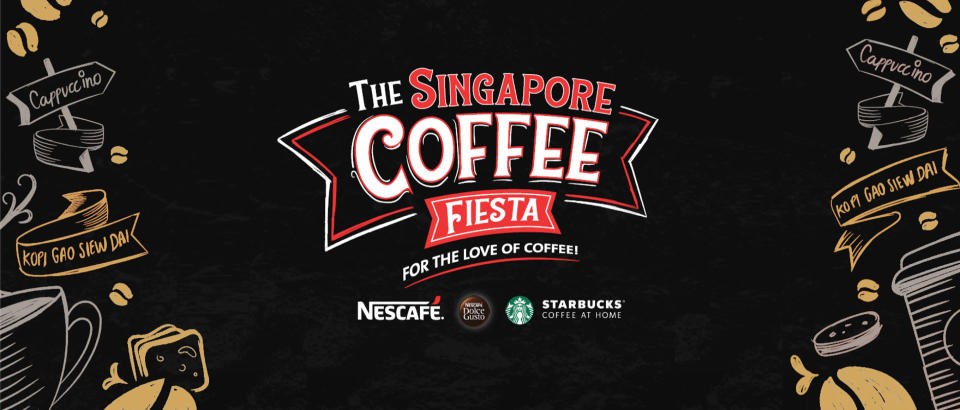 A desktop banner of The Singapore Coffee Fiesta has illustrations of coffee on the left and right.