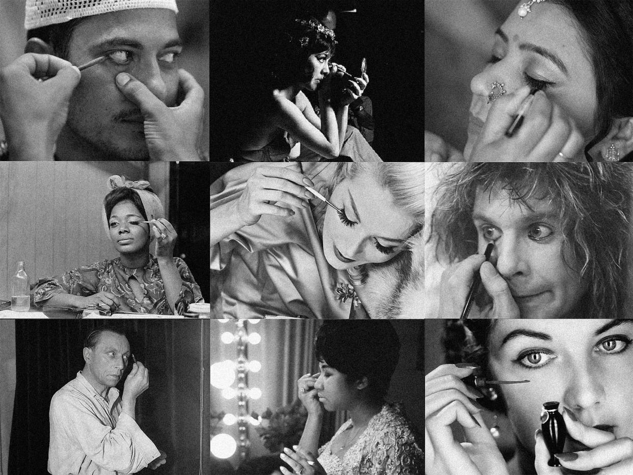 Collage of people putting on eyeliner through history.