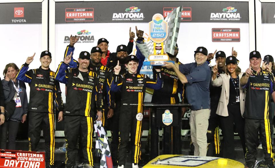 Nick Sanchez and the crew celebrate in Victory Lane, Friday night February 16, 2024, after winning the Fresh From Florida 250 at Daytona International Speedway.