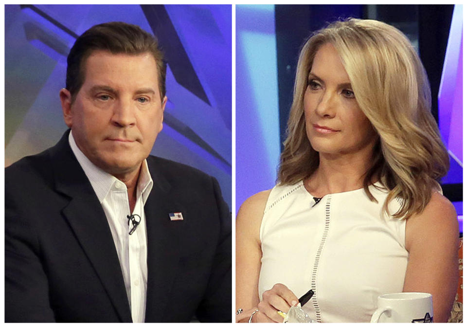 FILE - In this combination photo, Fox News personalities Eric Bolling, left, and dana Perino appear on "The Five," program on July 22, 2015 in New York. Fox News Channel expects Bill O'Reilly back from his vacation on April 24, ready to resume his position as cable television news' most popular host. But given advertiser defections and swirl of stories about payouts to five women to keep harassment allegations quiet, it's impossible to dismiss the idea that he may lose his television home for the past two decades. Replacements candidates could include Bolling, left, and Perino. (AP Photo/Richard Drew, file)