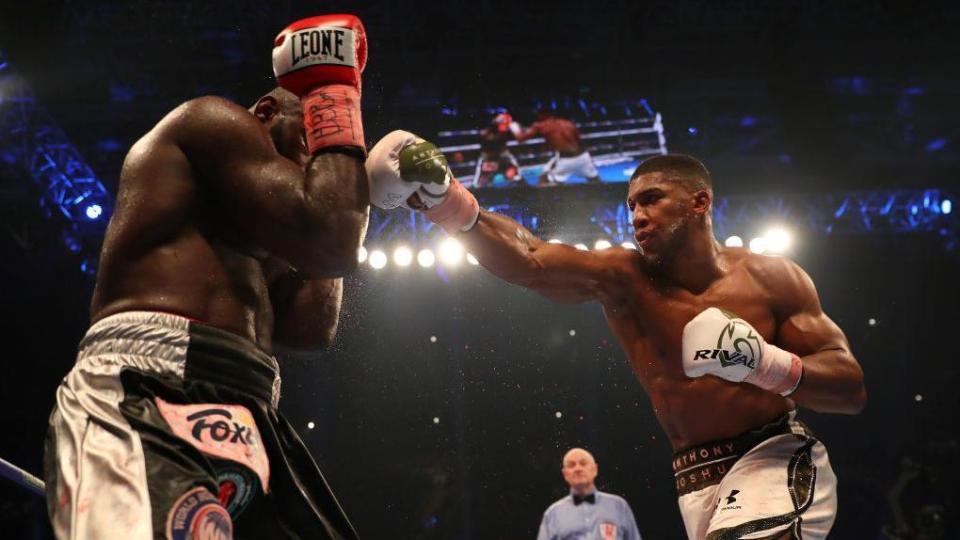 Anthony Joshua and Carlos Takam in action in Cardiff
