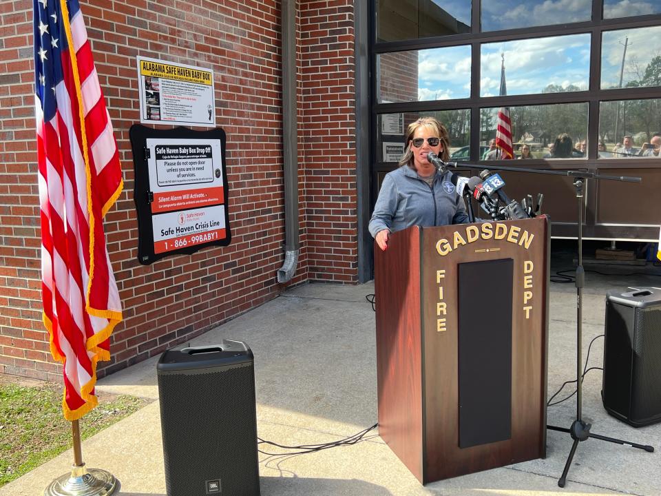 Safe Haven Baby Box founder Monica Kelsey speaks March 7 at the unveiling of Alabama's third box at Gadsden's Fire Station 3 on Garden Street in East Gadsden. The others are in Madison (where two babies have been surrendered) and Prattville.