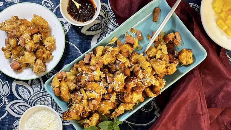 pineapple spam stuffing in serving dish and plate