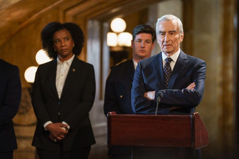 Tijuana Ricks as Police Commissioner Hanlon (left) and Sam Waterston as D.A. Jack McCoy on Season 22 of "Law & Order."