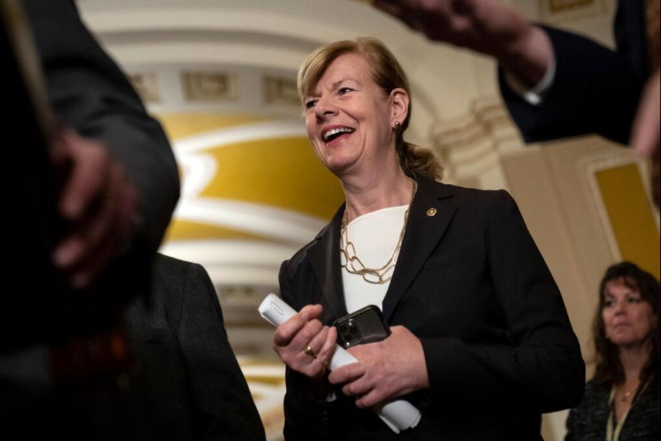 Sen. Tammy Baldwin (D-WI) smiles during a news conference after a meeting with Senate Democrats at the U.S. Capitol November 29, 2022 in Washington, DC. The Senate is expected to pass the the Respect for Marriage Act on Tuesday night, which will enshrine marriage equality into federal law.