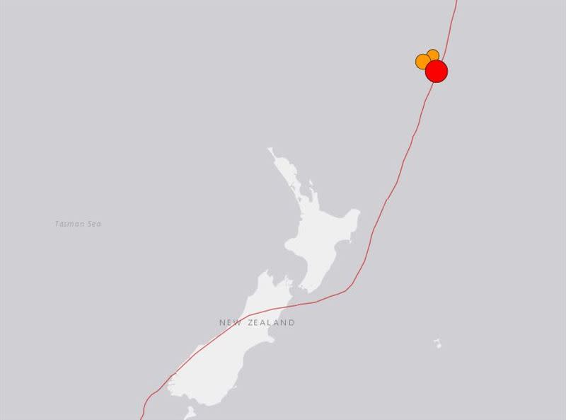 紐西蘭北部克馬得群島發生強震。（圖／翻攝自USGS）