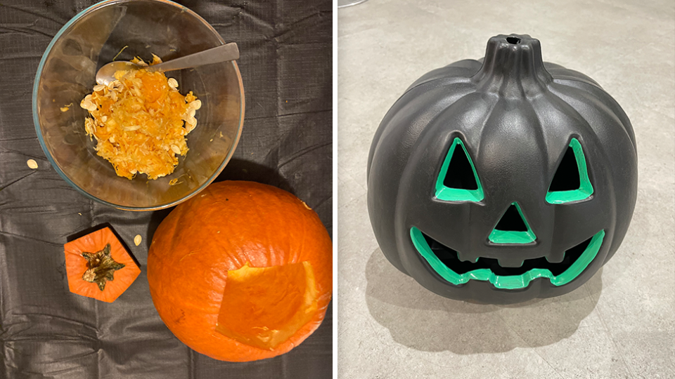 Left - homemade pumpkin carving. Right - a black plastic pumpkin on the floor.