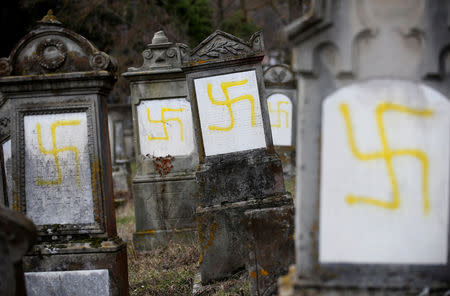Graves that were desecrated with swastikas are seen at the Jewish cemetery in Quatzenheim, near Strasbourg, France, February 19, 2019. REUTERS/Vincent Kessler