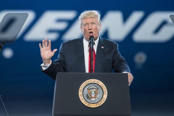 President Trump speaks at a Boeing plant