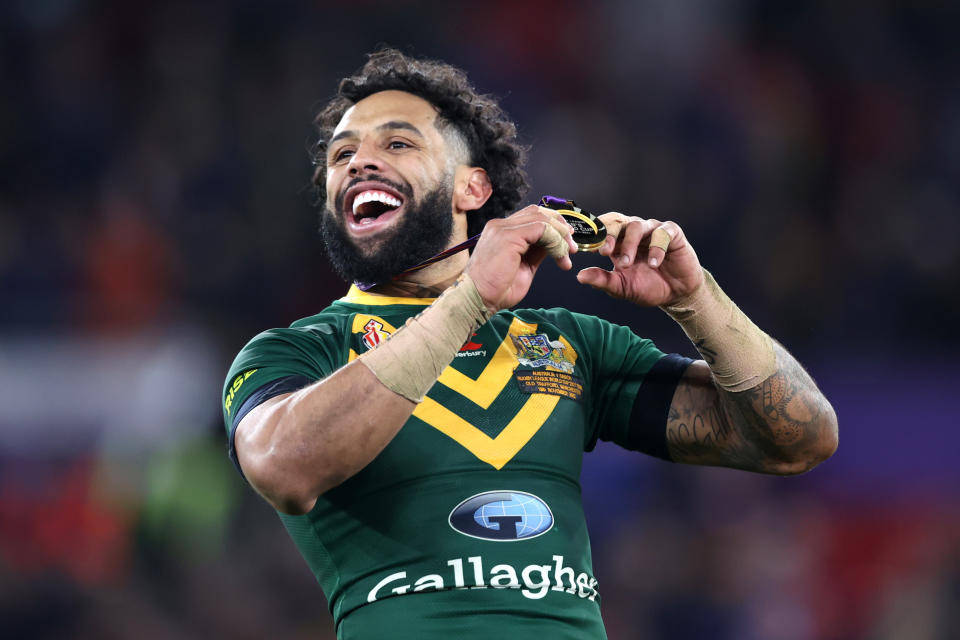 Josh Addo-Carr, pictured here after Australia's win over Samoa in the World Cup final.