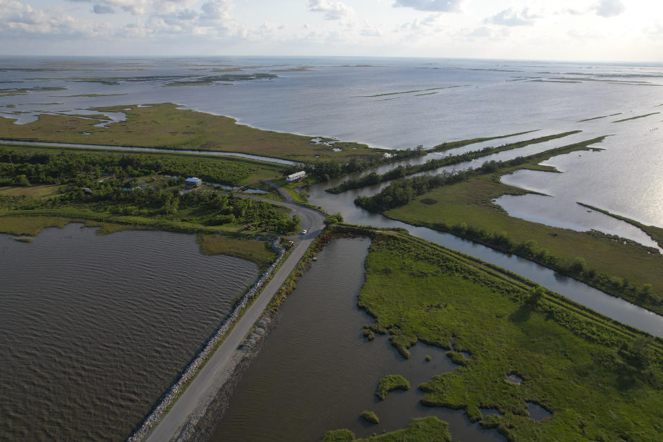 An aerial view of the road leading to Isle de Jean Charles, Louisiana.