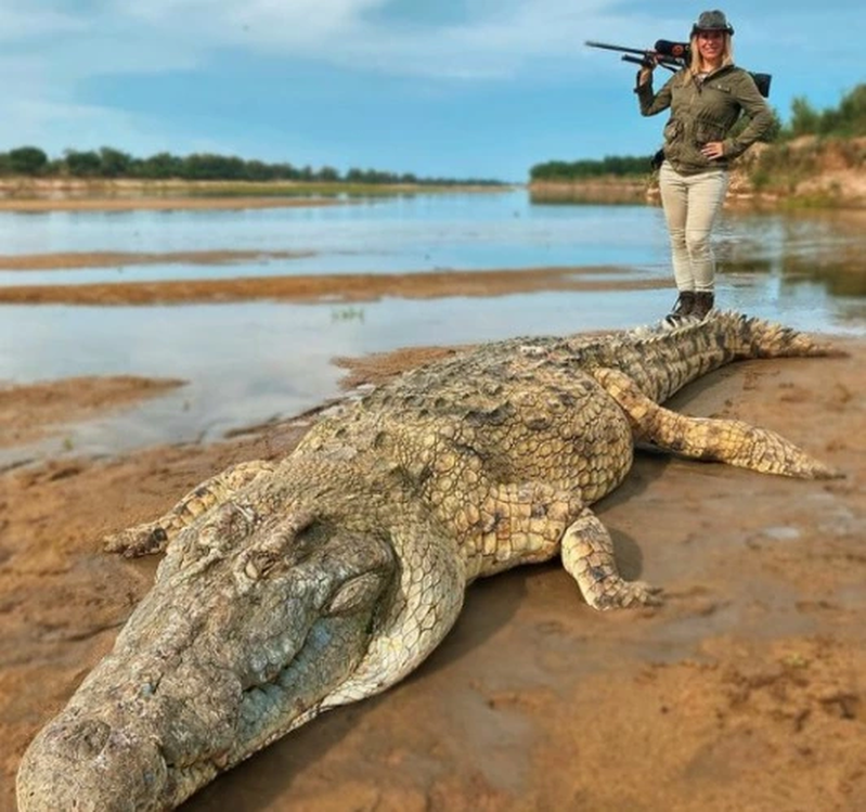 女獵人Larysa Switlyk成功獵殺一條4.5米長嘅巨鱷。
（圖：Larysa Switlyk@Twitter）

