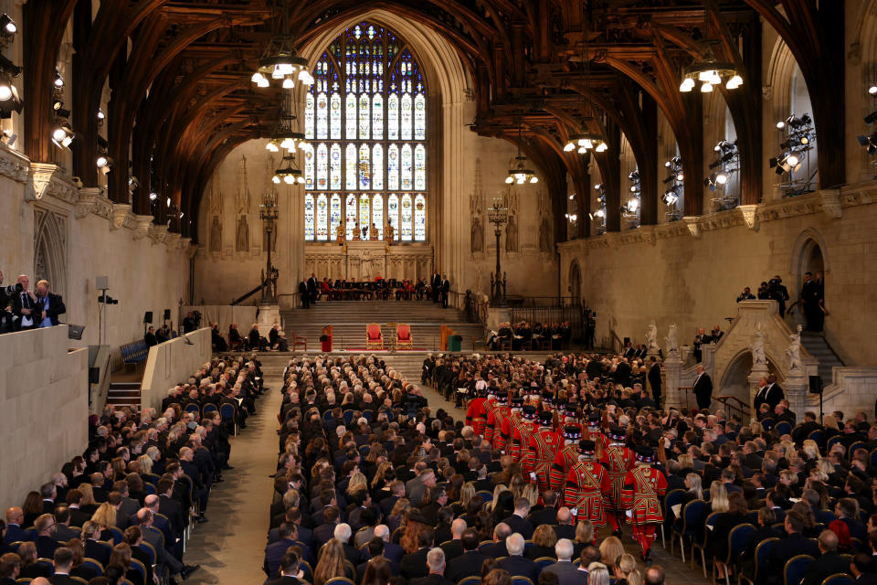 The King's Body Guard of the Yeomen of the Guard ahead of the arrival of King Charles III and the Queen Consort at Westminster Hall, London, where both Houses of Parliament are meeting to express their condolences following the death of Queen Elizabeth II. Picture date: Monday September 12, 2022.