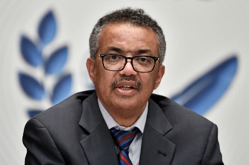 World Health Organization Director-General Tedros Adhanom Ghebreyesus attends a news conference in Geneva