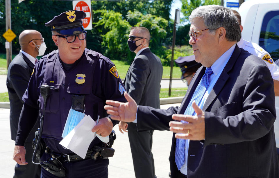 In this Thursday, Aug. 20, 2020, photo Attorney General William Barr addresses officers with the Cleveland Police Department about Operation Legend during a visit to the city in Cleveland. (AP Photo/Mike Balsamo)