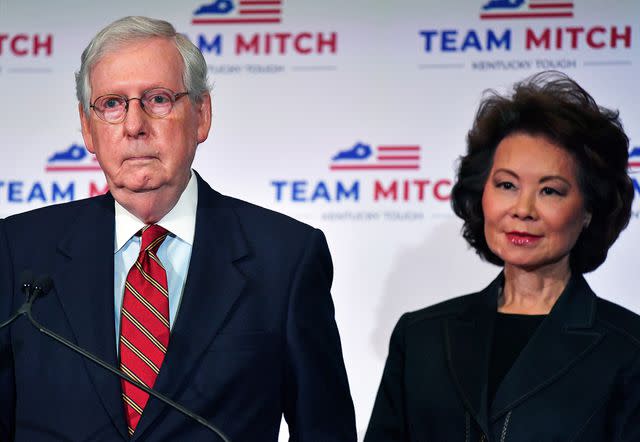 <p>Timothy D. Easley/AP</p> Mitch McConnell and Elaine Chao during a press conference in Louisville, Kentucky on November 4, 2020.