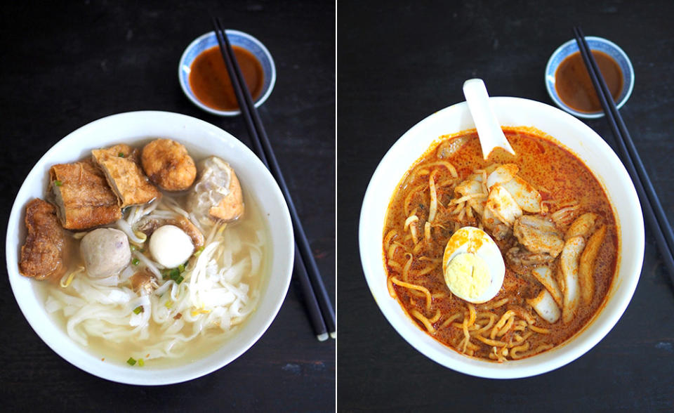 If you prefer a cleaner-tasting bowl, zoom in on their Kampar noodles that serves an assortment of fish balls including Kampar specialties like fried fish balls, bean curd and 'fuchuk' filled with fish paste (left). The curry mee served here is topped with delicious fried pork slices (right).