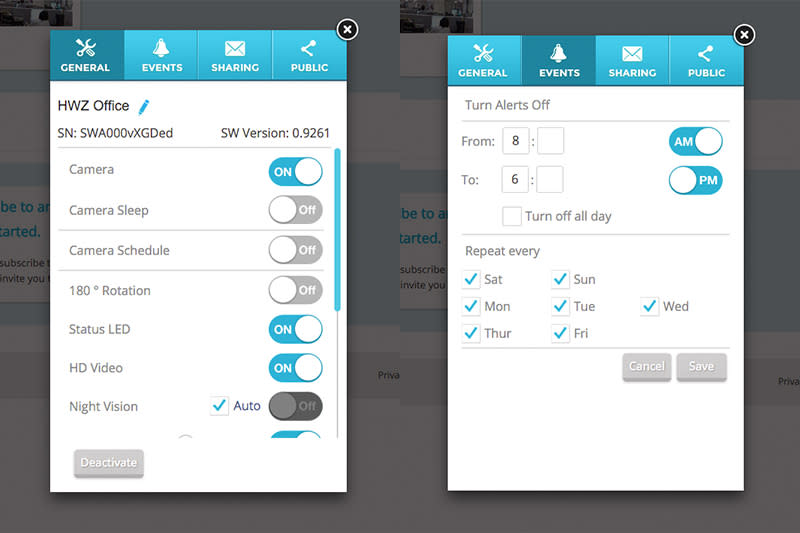 You can set the camera streaming schedule, when to send alerts (motion, sound, offline), and which email to send these alerts to when they are triggered.