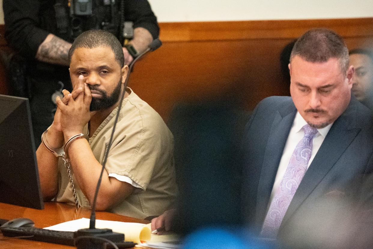 John Wooden Jr., 48, seated at left, was sentenced on Thursday, March 7, 2024, to life in prison with no chance of parole for at least 73 years for his conviction on kidnapping, murder and other charges in the 2021 death of local imam Mohamed Hassan Adam.