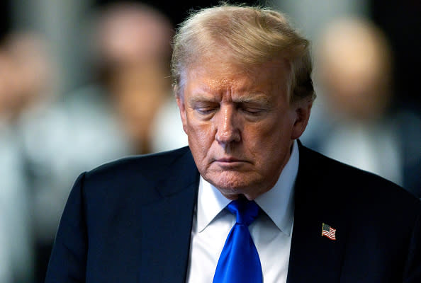 Former US President Donald Trump after the verdict was read at Manhattan criminal court in New York, US, on Thursday, May 30, 2024. A New York jury found Donald Trump guilty of multiple felonies at his hush-money trial, making him the first former US president to be convicted of crimes. Photographer: Justin Lane/EPA/Bloomberg via Getty Images