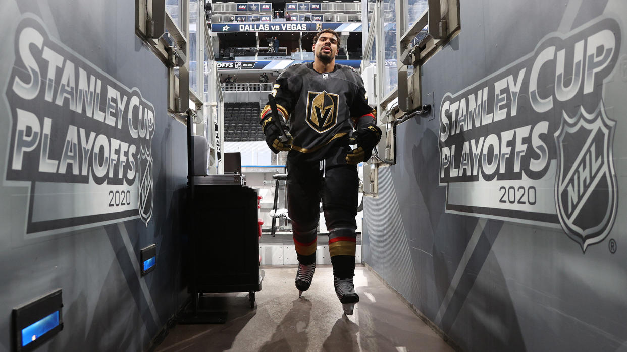 EDMONTON, ALBERTA - SEPTEMBER 08: Ryan Reaves #75 of the Vegas Golden Knights walks back to the locker room after warm-up before Game Two of the Western Conference Final of the 2020 NHL Stanley Cup Playoffs between the Dallas Stars and the Vegas Golden Knights at Rogers Place on September 08, 2020 in Edmonton, Alberta. (Photo by Dave Sandford/NHLI via Getty Images)