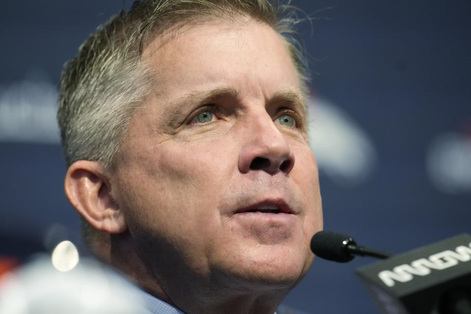 FILE - Denver Broncos head coach Sean Payton is introduced during a news conference at the team's headquarters on, Feb. 6, 2023, in Centennial, Colo. The Broncos have two picks in the sixth round of the draft on Saturday, April 29, 2023. (AP Photo/David Zalubowski, File)