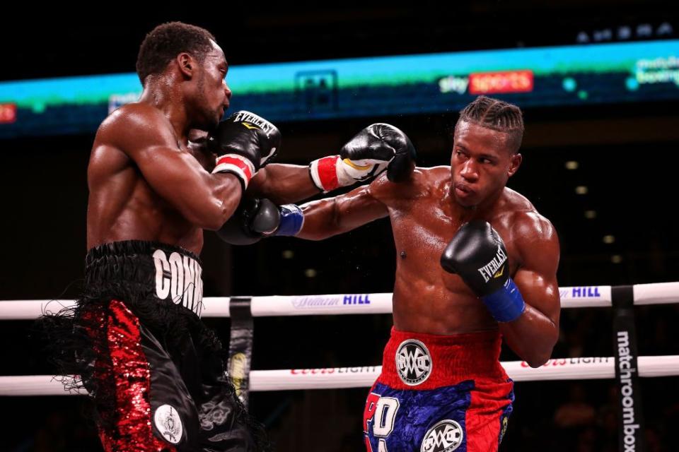 Charles Conwell (L) and Patrick Day exchange punches in the sixth round of their Super-Welterweight bout at Wintrust Arena on October 12, 2019 in Chicago, Illinois. (Photo by Dylan Buell/Getty Images)