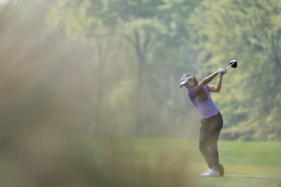 Augusta National Women’s Amateur champion Anna Davis of the United States plays her stroke from the No. 5 tee during a practice round prior to the Augusta National Women’s Amateur at Champions Retreat Golf Club, Tuesday, April 2, 2024.